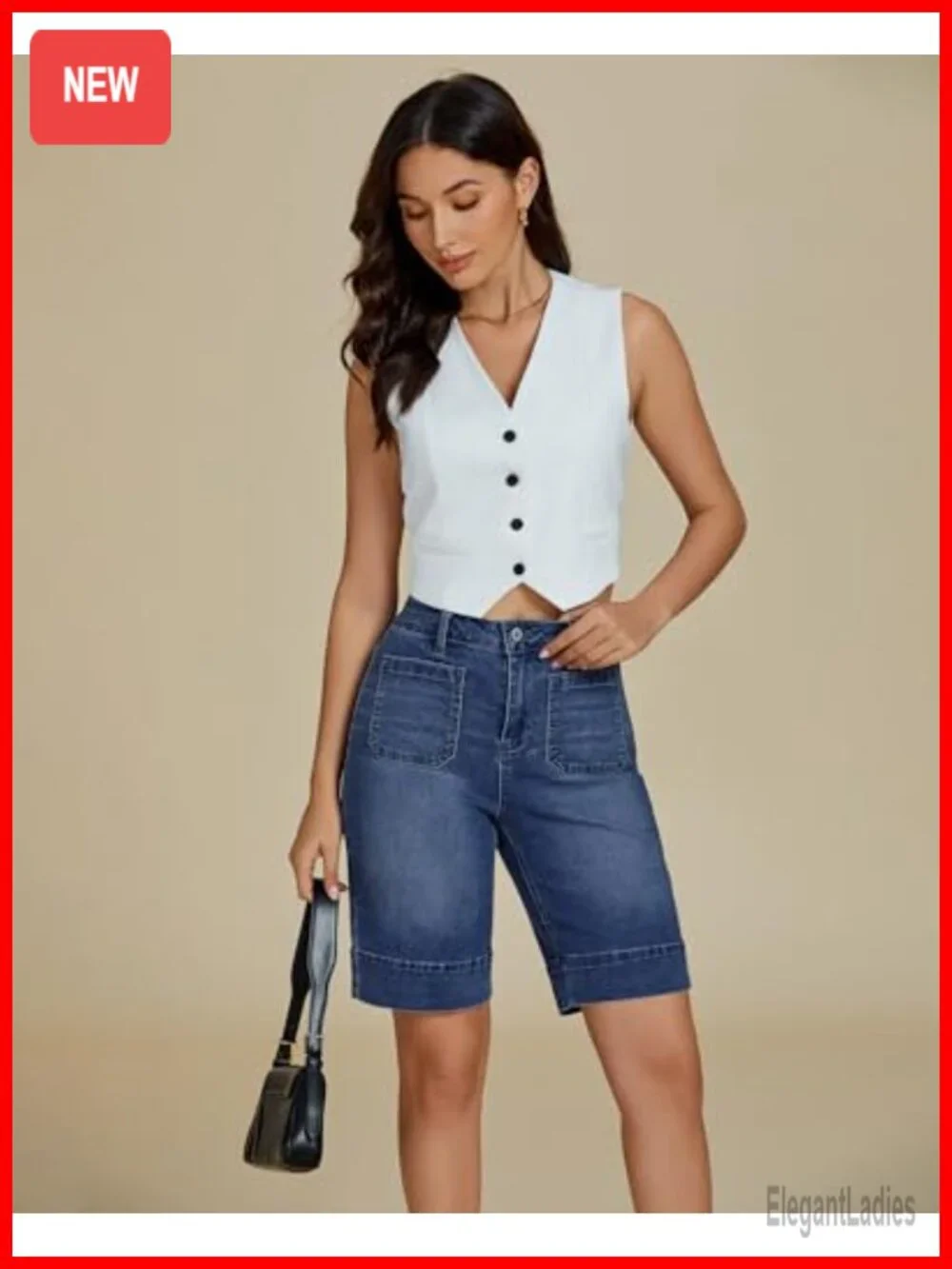 High Rise Denim Bermuda Shorts for Women with Pockets 10in Inseam Casual Summer